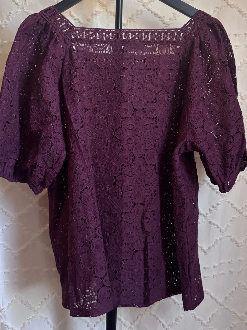 NWT LOFT Plum Lace Blouse Medium Square Neck Crochet Eyelet Puff Sleeve Top